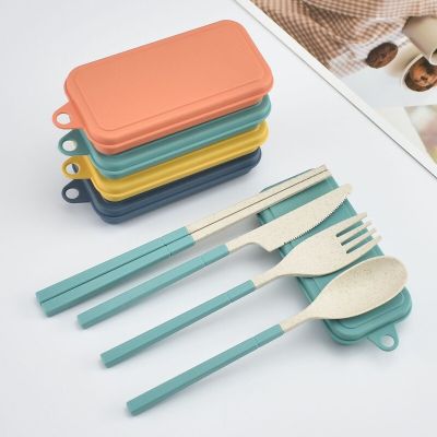 Wheat Straw Portable Spoon Fork Knife Chopsticks Cutlery Set with Box Foldable Removable for Outdoor Travel Picnic Tableware Flatware Sets