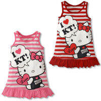 Kids Girls Cartoon Kitty Kt Printing Stripes Sleeveless Pleated Dress