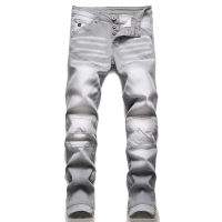 【CW】Denim Jeans New Style European And American Fashion Stitching Gray Regular Fit Casual Stretch mens Pants