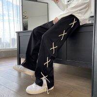 【S-3XL】Port Wind Street Hip Hop Trend Trendy nd Straight-leg Pants Personality Side Bandage Casual Pants Large Size Loose Trousers