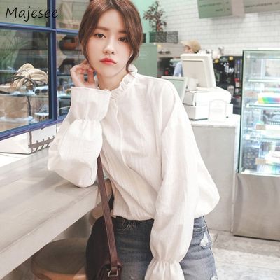□☇﹍ Shirts Women Harajuku Clothes Elegant Flare Sleeve Womens Tops and Blouses White Solid Casual Blouse Females Retro Clothing Soft