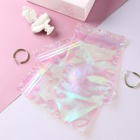 100pcs Clear Pink Holographic Zipper Packaging Bag Flat Pouches Small Laser Zip Lock Plastic Bags for Cosmetic Jewelry