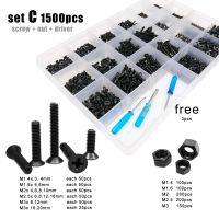 500/750/1500pcs M1.4 M1.6 M2 M2.5 M3 Black Steel Small Phillips Cross Flat Countersunk Head Screw Bolt Nut Set Assortment Kit Screw Nut Drivers