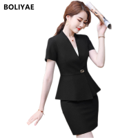 Navy Blue Blazers For Womens Summer Suit With a Skirt Fashion Slim Short Sleeve Business Office Jacket &amp; Pantsuit Work Clothes