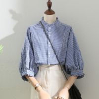 [COD] French lace stand-up collar blue plaid womens summer new all-match five-point sleeve chic top