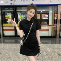 Hot Girl Dress Female Design Sense Niche Summer Korean Black Small Polo Collar Slim Fit Bag Hip Short Skirt