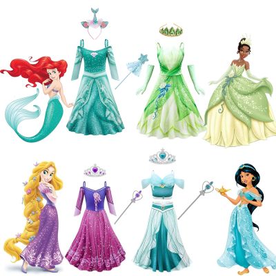 ✕▤ 2022 Girls Dress Rapunzel Mermaid Tiana Princess Kids Party Children Jasmine Cosplay Party Spaghetti Long Dress For 2 10 Years