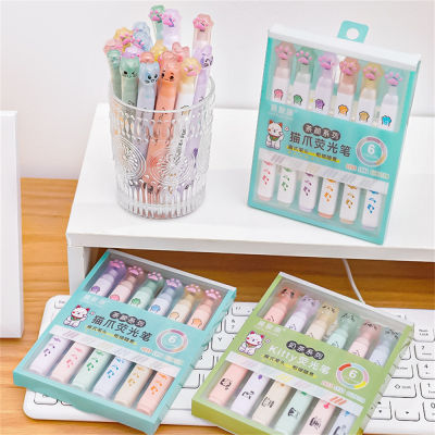 6PCS/Box Kawaii Light Color Cute School Supplies Eye Protection Watercolor Pen Fluorescent Pen Cat Claw Highlighter