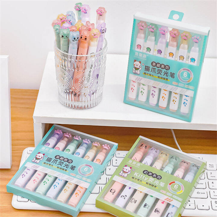 6pcs-box-kawaii-school-supplies-cartoon-cute-student-gift-fluorescent-pen-drawing-art-marker-cat-claw-highlighter