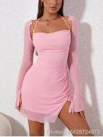 【hot】۩  NewAsia Mesh Sleeve Pink Backless Bandage Vestido Mujer Vacation Outfit