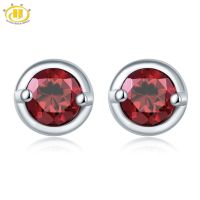 Hutang Womens Stud Earrings Natural Red Gemstone Garnet Solid 925 Sterling Silver Fine Elegant Simple Jewelry for Girl