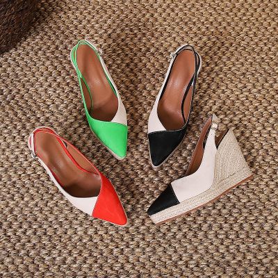 New thick wedge bottom pointed single shoes half after tow color matching empty straw rope bottom shoes