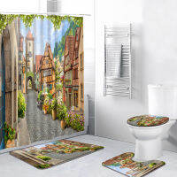 4pcsSet Cityscape Shower Curtain R Street Green Plant Rural Street Flowers Scenery Bathroom Decor Bath Mat Rug Toilet Cover