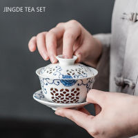 J Ingdezhen โลตัสเซรามิก Gaiwan ถ้วยชามือวาดหม้ออบชาจีนย้อนยุคชุดน้ำชาอุปกรณ์เสริมพิธีชงชา Drinkware 110มิลลิลิตร