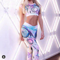 Dreamcatcher Yoga Set Short Sleeve Sports Suit Female Gym Leggings+Bra Crop Top Shirt 2 Piece Workout Clothes Women Fitness Suit