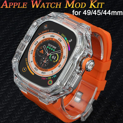 ชุดปรับเปลี่ยนเคสโปร่งใสแบบพิเศษสำหรับนาฬิกา Apple สายยืดกีฬายางขนาด49มม. 45มม. 44มม. 41มม. 40มม. 40มม. สำหรับ I Watch Ultra 8 7 6 5 4 (ไม่รวมนาฬิกา)