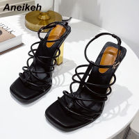 Aneikeh  New Summer Gladiator Women Sexy T-Tied Square Heel Sandals Fashion Peep Toe Buckle Strap Shoe Wedding Party Pumps