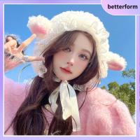 BETTERFORM ลูกไม้ปักลาย หมวกขนปุย แกะแคชเมียร์ นุ่มนุ่มๆ หมวกสำหรับกลางแจ้ง อบอุ่นและอบอุ่น แกะหู หมวกคอสเพลย์