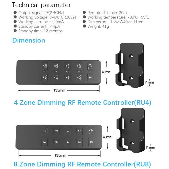 รีโมท-led-ru8-ru4ระยะไกล4โซน-8โซน-rf-2-4กรัมสำหรับ-s1-b-s1-k-ks-kv-kl-ac-triac-ตัวลดแสงอาร์เอฟไฟเดี่ยวสีแอลอีดี