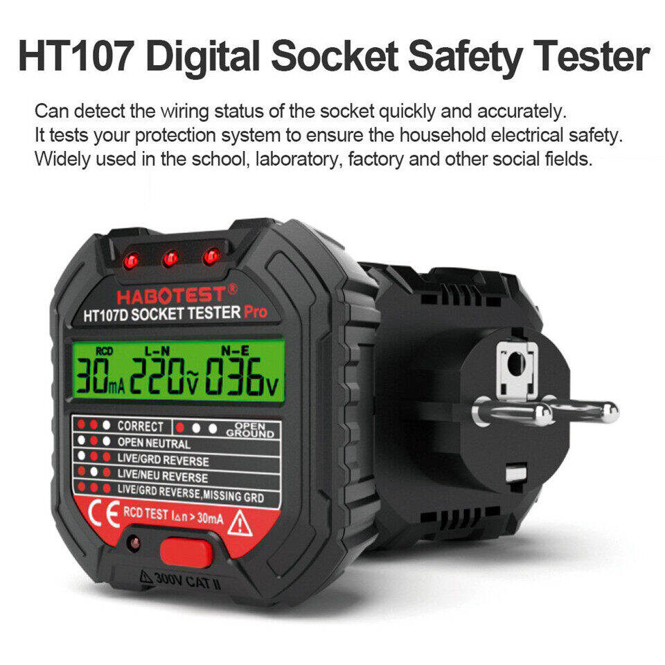 HABOTEST HT107 Digital Socket Tester RCD Detector Electric Circuit Polarity Voltage Detector Breaker Finder UK Plug