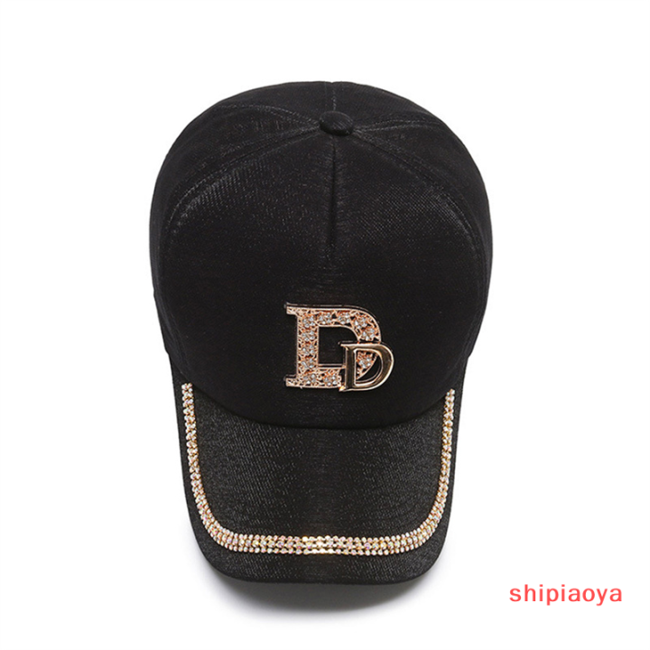 shipiaoya-หมวกแก๊ปผู้หญิง-หมวกแก๊ปผ้าฝ้ายติดพลอยเทียมตัวอักษร-d-หมวกเบสบอลหมวกแก๊ปหมวกกันสียูวีฮิปฮอป