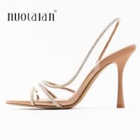 2023 Women Summer Rhinestone Slingback Pumps Office Lady Transparent Heeled Sandals Elegant Pointed Toe Female Sexy High Heels