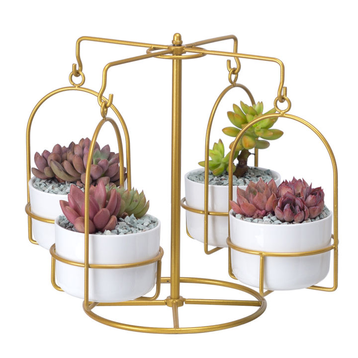 creative-carousel-hanging-pot-flower-stand-round-ceramic-succulent-flower-pot-combination-iron-frame-set