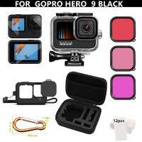 ชุดอุปกรณ์เสริมสำหรับ Gopro Hero10 9ชิ้นเคส EVA กระเป๋ากล้องกันน้ำกระจกเทมเปอร์กรอบฟิลเตอร์สีแดงชุดอุปกรณ์เสริมของโกโปร