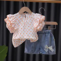 Girls short sleeve polka dot puff sleeve summer new suit low price promotion