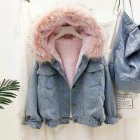 2021Faux Fur Collar Denim แจ็คเก็ตผู้หญิงฤดูหนาว Hooded Warm Jean Coat นักเรียน Basic Parkas หญิง Bomber Jacket