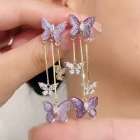 Korean Purple Crystal Butterfly Drop Earring For Women New Fashion Tassel Chain Rhinestone Earring Jewelry Gift