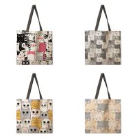 Oil Painting Cat Print Linen Fabric Casual Tote Bag Foldable Shopping Bag Reusable Beach Bag