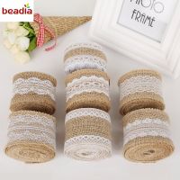 Width 5cm 2M/Roll Natural Jute Burlap Hessian Ribbon with Different White Lace For Rustic Wrap Gift Packing Wedding Decoration General Craft