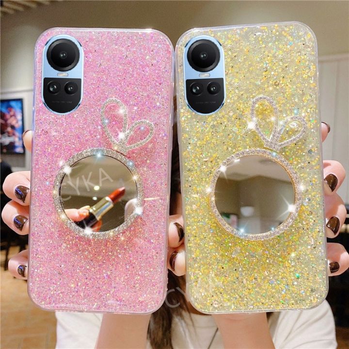 เคส-oppo-เคสโทรศัพท์-reno10-pro-10pro-5g-reno-10-5g-ดีไซน์เลื่อมเคสเจลแวววาว-oppo-reno10-pro-5g-เพชรหรูหราแต่งหน้าหูกระต่ายน่ารักกรอบกระจกแบบนิ่ม