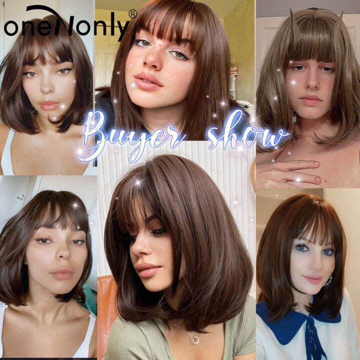 onenonly-short-bobo-ombre-brown-synthetic-wigs-with-bangs-layered-hairstyle-for-white-black-women-natural-hair-heat-resistant