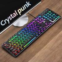 Mechanical Feel USB Wired Gaming Keyboard Retro Punk Round Keycap Glowing Crystal Panel Mute Keyboard for PC Laptop Typewriter