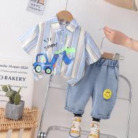 2023 Korean Summer Toddler Boy Clothing Set Cartoon Dinosaur Excavator Short Sleeve Shirts Denim Shorts Suit Baby Boy Outfit Set