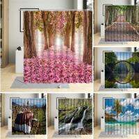 Flower Plant Landscape Shower Curtain Cherry Blossom Waterfall Green Forest Manor Arch Bridge Ocean Scenery Bathroom Curtain Set