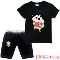 Crayon Shin-Chan Tshirt ชุดสำหรับเด็กชายหญิงผ้าฝ้ายระบายอากาศเสื้อผ้าเด็กเสื้อแขนสั้นกางเกงขาสั้นฤดูร้อนเด็ก2ชิ้นชุด