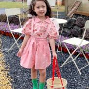 VT73 Size90-130 9-25Kg Set bộ bé gái Áo sơ mi + quần yếm vải thô Hàn Quốc