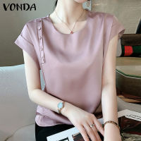 VONDA เสื้อสวมหัวผู้หญิงผ้าไหมซาตินหรูหราเสื้อยืดคอกลมสำนักงานแขนสั้น (ลำลองเกาหลี)