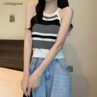 Littlegroot [2023 new HOT FASHION] แฟชั่นแถบถักชุดชั้นในสตรีฤดูร้อนวินเทจรอบคอแขนกุด Crop TOP