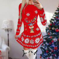 2021 Snowflake Deer Print Christmas Dress Women O-neck Long Sleeve Autumn Winter Casual Cute Mini Slim Festival Party Dresses