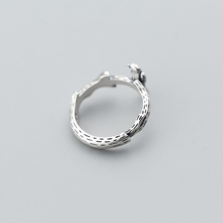 ryoucute-100-สีเงินจริงเกินจริงบุคลิกแหวนนกย้อนยุคขนาดใหญ่สำหรับผู้หญิงแหวนใส่นิ้วปรับได้