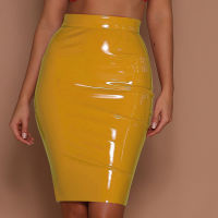 Women Fashion PU Leather Bodycon Skirt Gothic Black Wet Look Red Yellow Midi Skirt High Waist Ladies Skinny Pencil Skirts Womens