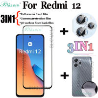 BLKNAIM(3in1) สำหรับฟิล์มกระจกนิรภัยแบบเต็มจอภาพ Redmi 12 + ฟิล์มเลนส์กล้องถ่ายรูป + ฟิล์มด้านหลังคาร์บอนไฟเบอร์3D