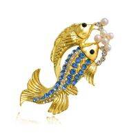 Gold Fish Brooch for Women Crystal Brooch Simulated Pearl Animal Enamel Pin Jewelry Clothes Accessories