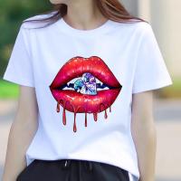 เสื้อยืดพิมพ์ลาย Lip Trend น่ารักสไตล์90S สำหรับผู้หญิงเสื้อผ้าแฟชั่นเสื้อสตรีแขนสั้นเสื้อยืดกราฟิก