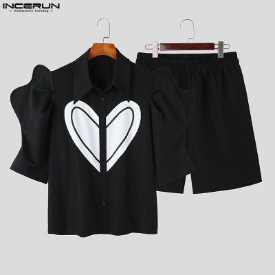 INCERUN เสื้อแขนพองสั้นสำหรับผู้ชายเสื้อพิมพ์ลายหัวใจโรแมนติกชุดกระดุมแฟชั่นกางเกงขาสั้น (เสื้อผ้าลำลอง) #3
