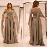 【YF】 Elegant Chiffon Lace Mother of the Bride Dresses Shawl Sleeves V-Neck Plus Size Saudi Arabic Groom Evening Prom